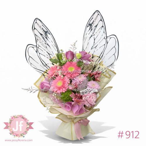 Bouquet mariposa en tonos rosa con flores frescas para envío de flores a domicilio en Guadalajara, Zapopan, Tlaquepaque y Tonalá.
