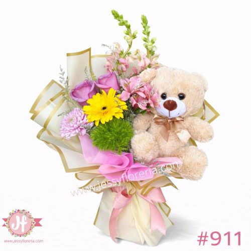 Mini bouquet con osito de peluche y flores frescas para envío de regalos y flores a domicilio en Guadalajara, Zapopan, Tlaquepaque y Tonalá.