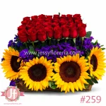 Jardinera con 40 rosas y girasoles frescos para envío de flores a domicilio en Guadalajara, Zapopan, Tlaquepaque y Tonalá.