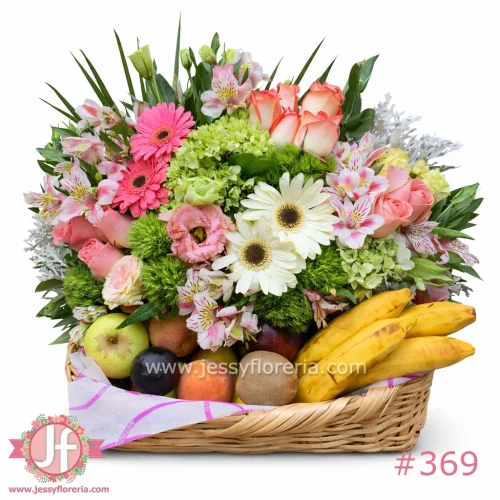 Canasta frutal vintage chica con fruta de temporada y flores surtidas para envío de regalos a domicilio en Guadalajara, Zapopan y zona metropolitana.