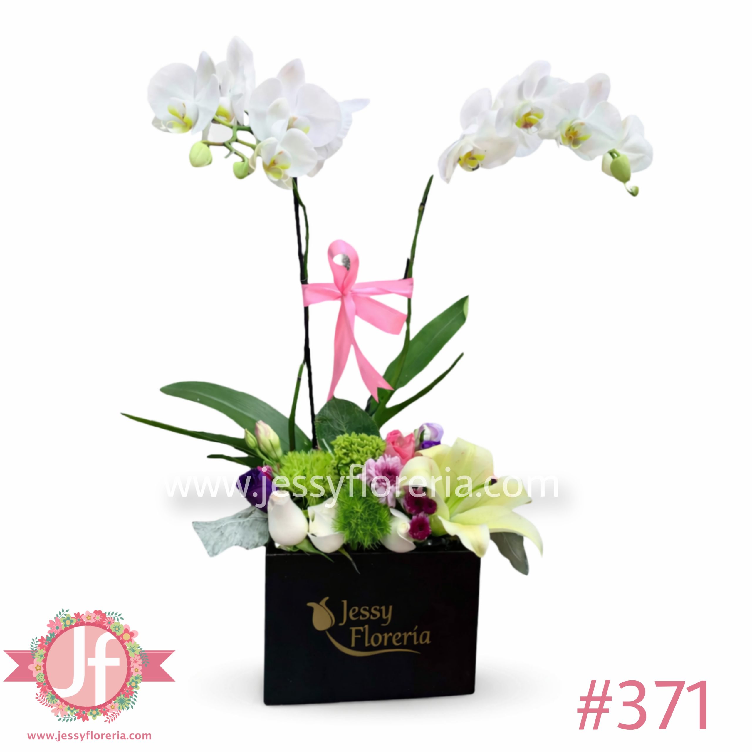 Caja negra con planta de orquídea natural y flores surtidas para envío de flores y plantas a domicilio en Guadalajara, Zapopan y zona metropolitana.