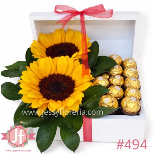 Cofre blanco con girasoles y 12 chocolates Ferrero para envío de flores y dulces a domicilio en Guadalajara, Zapopan y zona metropolitana.