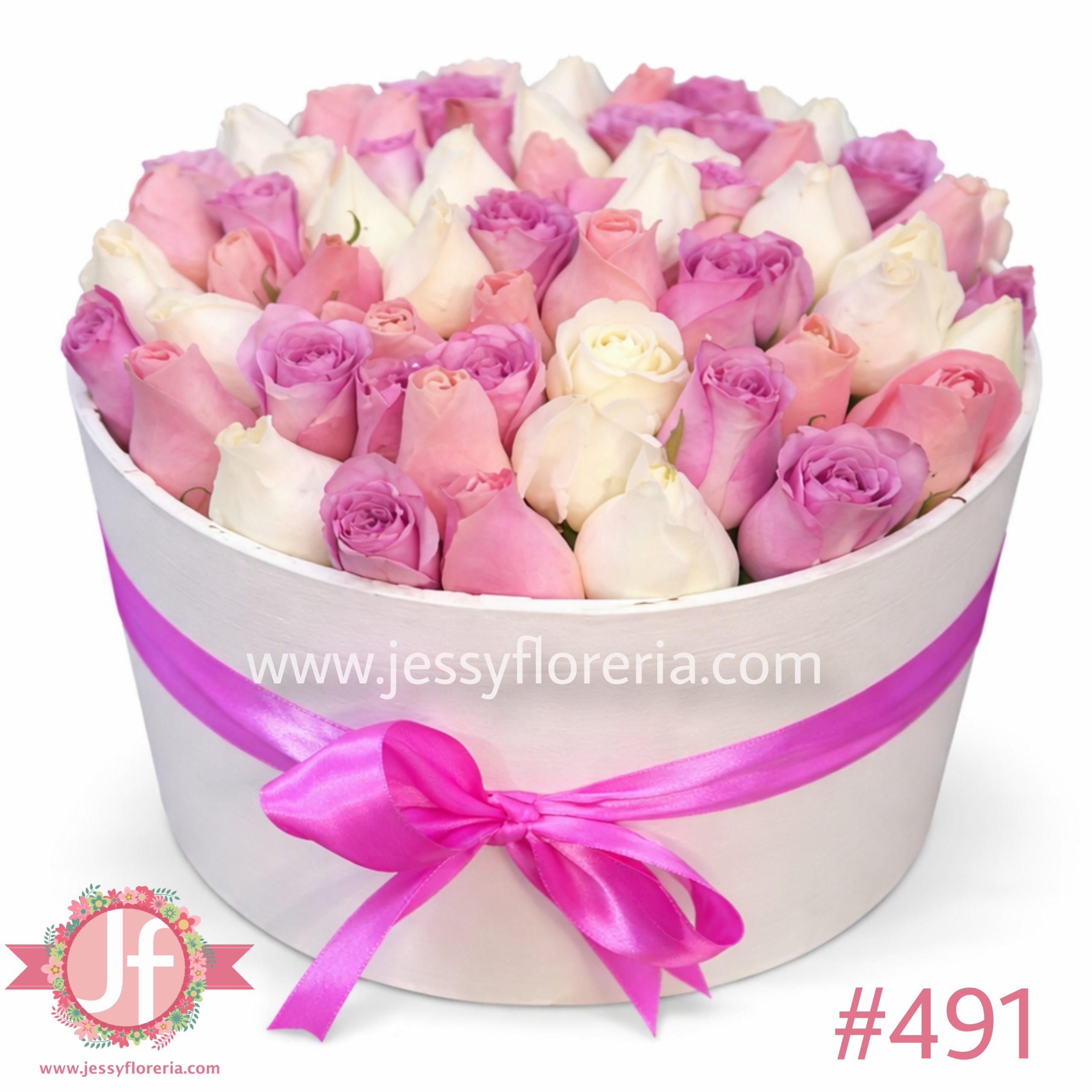 Caja circular blanca con 40 rosas rositas y blancas para envío de flores a domicilio en Guadalajara, Zapopan y zona metropolitana.