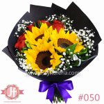 Ramo con 3 girasoles y 6 rosas rojas frescas para envío de flores a domicilio en Guadalajara, Zapopan y zona metropolitana.