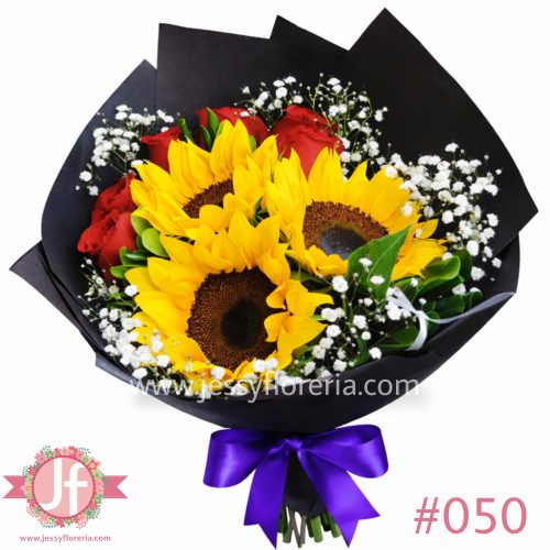 Ramo con 3 girasoles y 6 rosas rojas frescas para envío de flores a domicilio en Guadalajara, Zapopan y zona metropolitana.