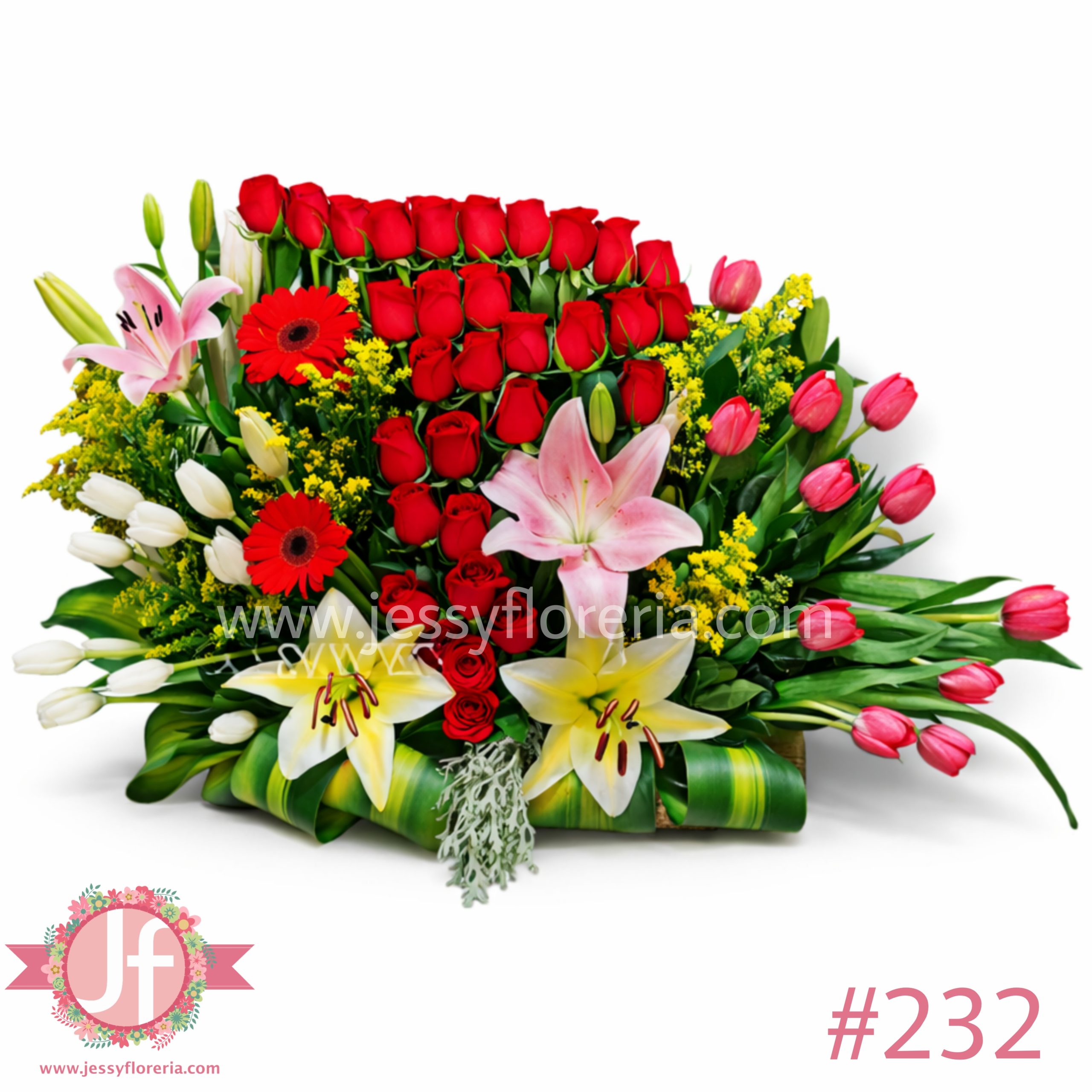 Arreglo con 24 rosas y 20 tulipanes frescos para envío de flores a domicilio en Guadalajara, Zapopan y zona metropolitana.