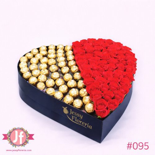 Corazón con 65 rosas frescas y 55 chocolates Ferreros para envío de flores y dulces a domicilio en Guadalajara, Zapopan, Tlaquepaque y Tonalá.