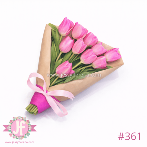 Bouquet de 10 tulipanes frescos con envoltura decorativa elegante para regalar en ocasiones especiales.