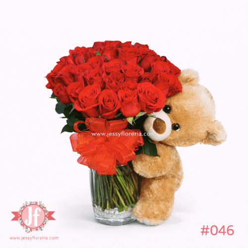 Florero con 50 rosas frescas y peluche para envío de flores y regalos a domicilio en Guadalajara, Zapopan, Tlaquepaque y Tonalá.