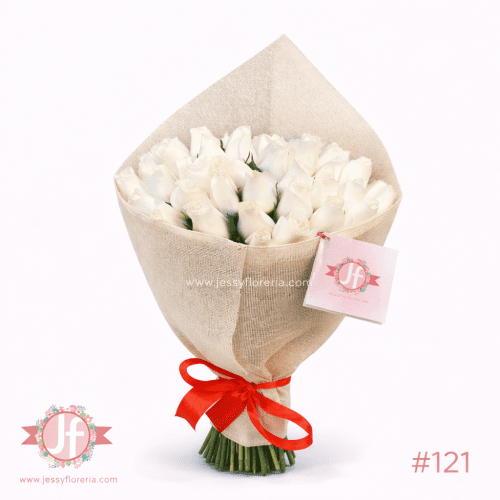 Ramo de 36 rosas blancas frescas con yute para envío de flores a domicilio en Guadalajara, Zapopan, Tlaquepaque y Tonalá.