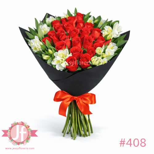 Bouquet con 24 rosas rojas y alstroemerias frescas para envío de flores a domicilio en Guadalajara, Zapopan, Tlaquepaque y Tonalá.
