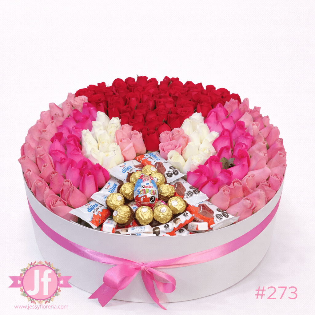 Caja circular con 200 rosas frescas y chocolates surtidos para envío de flores a domicilio en Guadalajara, Zapopan y zona metropolitana.