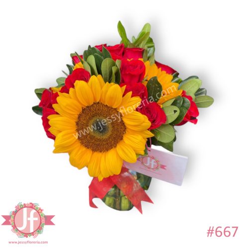 Florero de 24 rosas y 4 girasoles