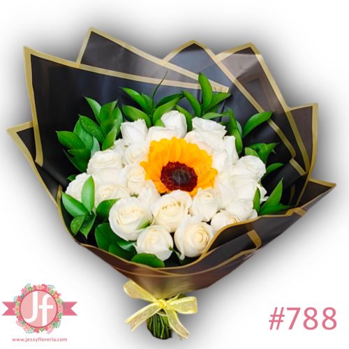 Ramo 24 rosas blancas y girasol