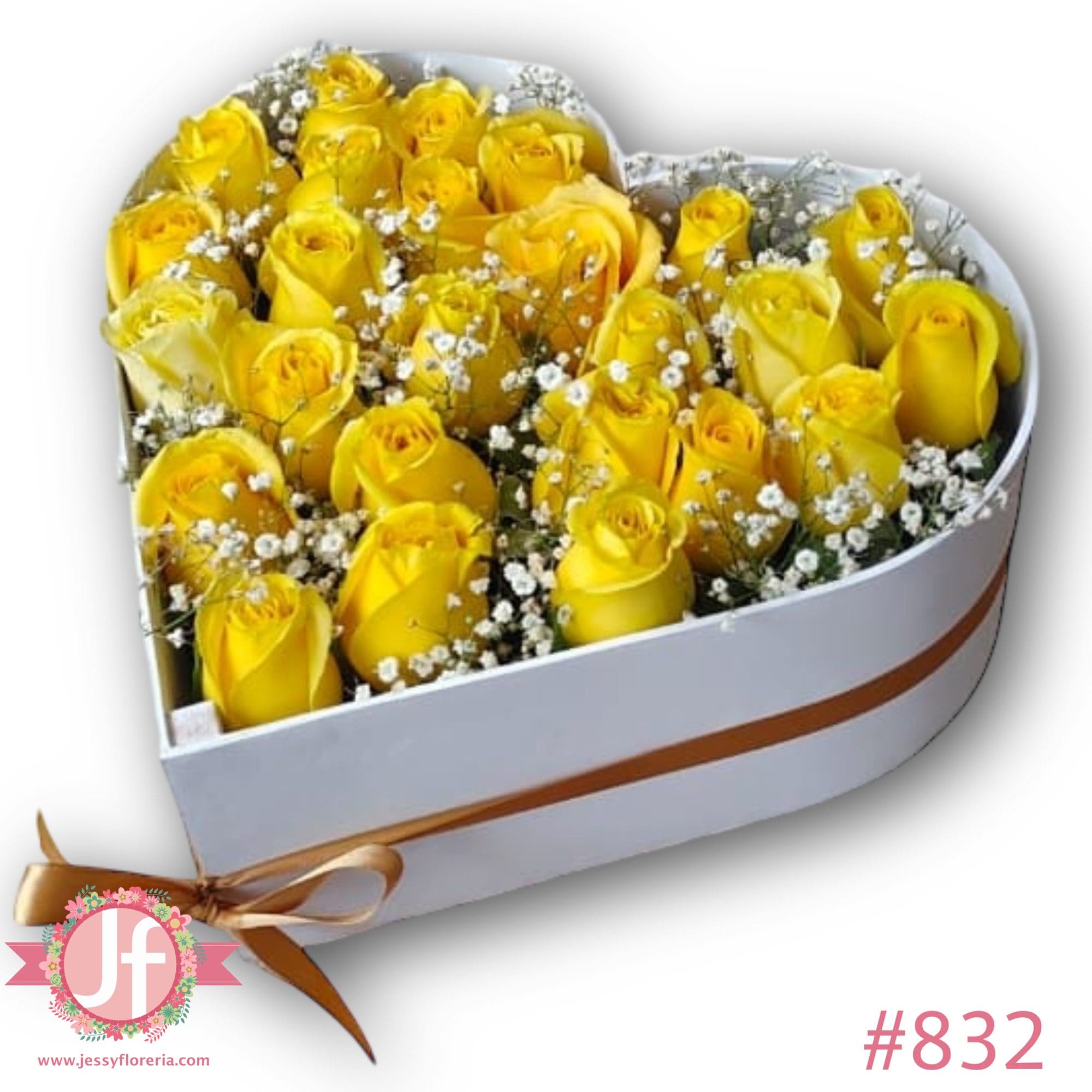 Caja corazón con 25 rosas amarillas y gypsophilia - Pedir con un día de anticipación