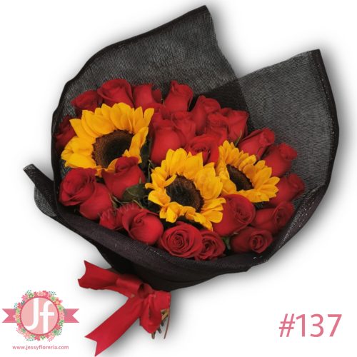 Bouquet 3 girasoles y 24 rosas rojas