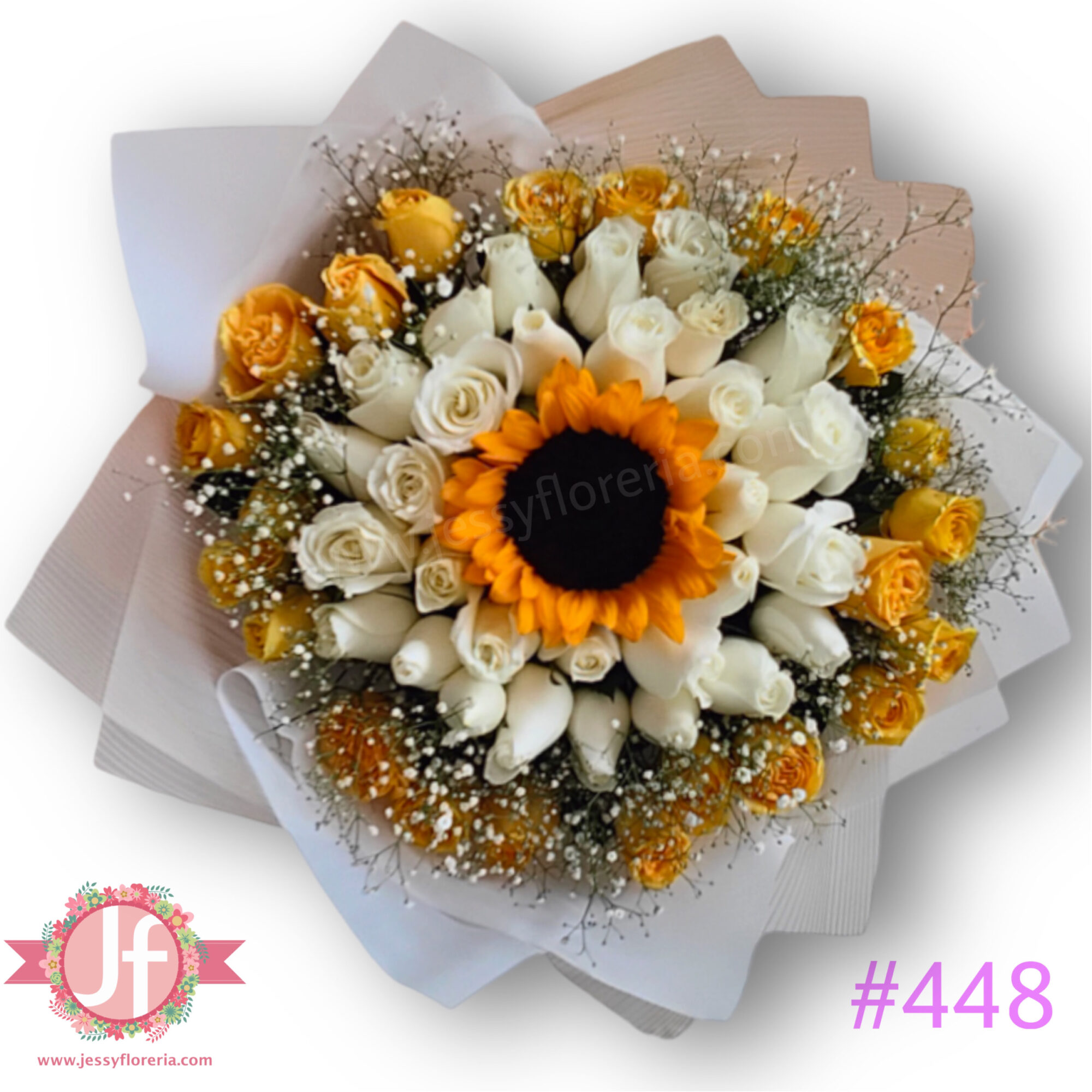 Ramo de 50 rosas blancas y amarillas con 1 girasol - Image 2