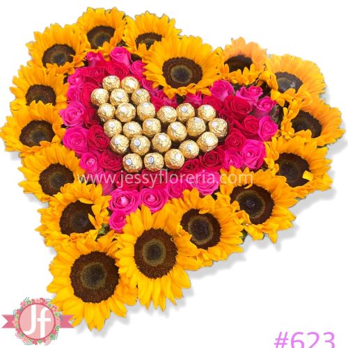 Caja de corazón con girasoles, rosas y ferreros