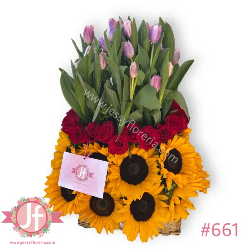Canasta 20 girasoles, 30 rosas y 30 tulipanes - Pedir con un día de anticipación
