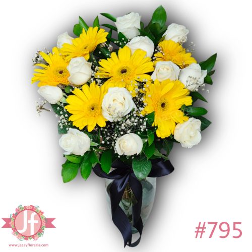 Florero 12 rosas blancas y 6 gerberas amarillas