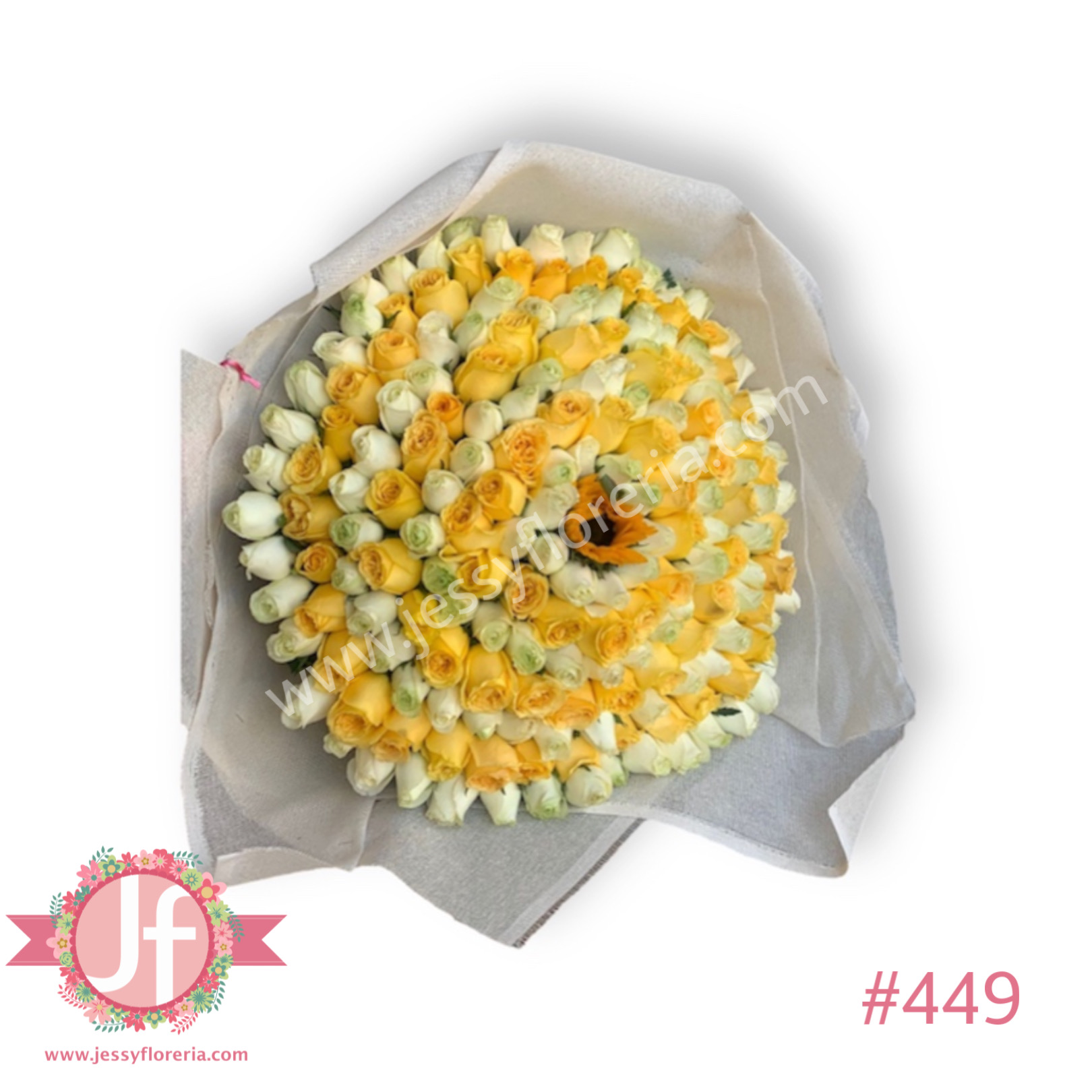 Ramo de 200 rosas blancas y amarillas con 1 girasol