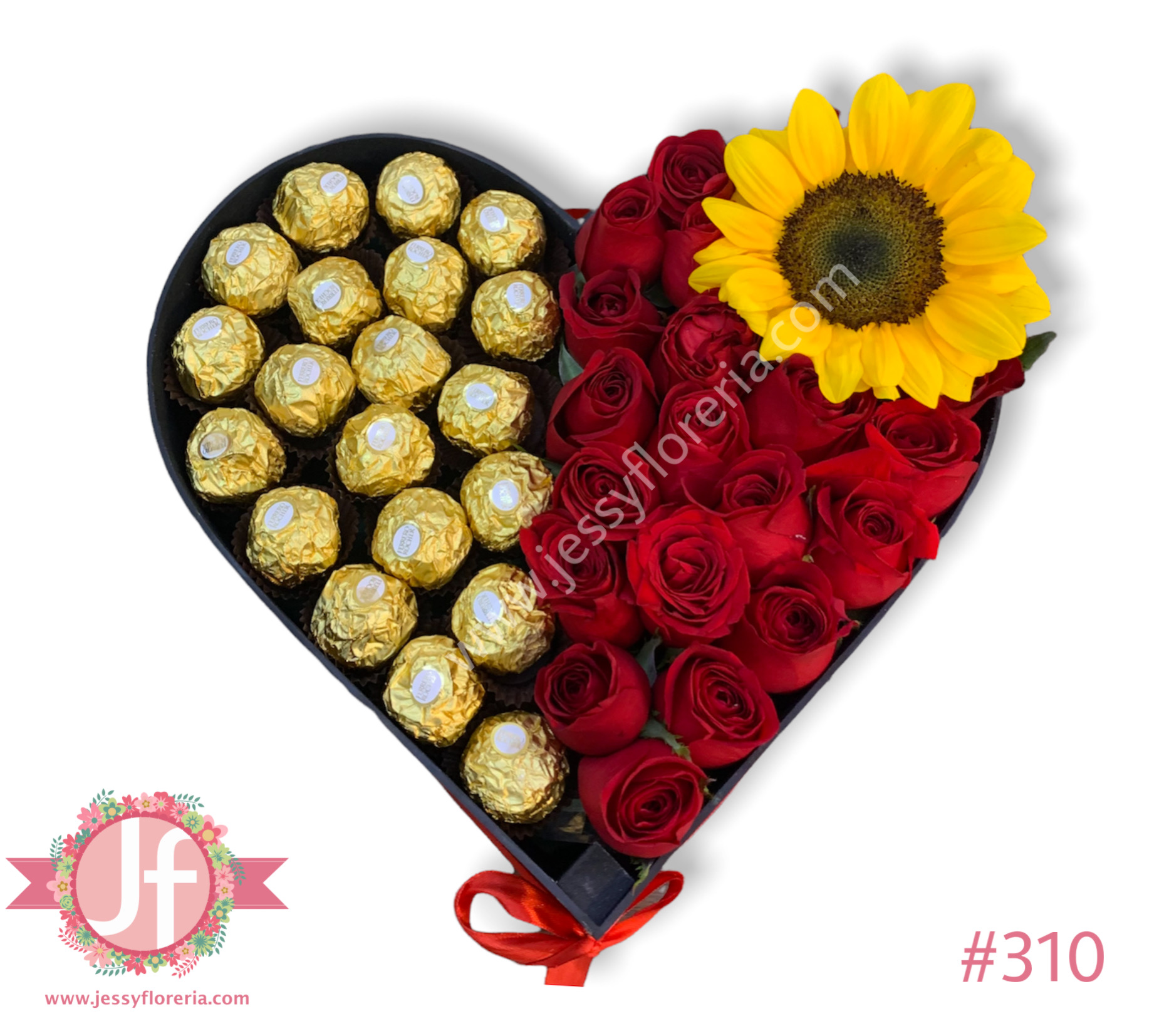 Corazón 20 rosas, girasol y 20 ferrero