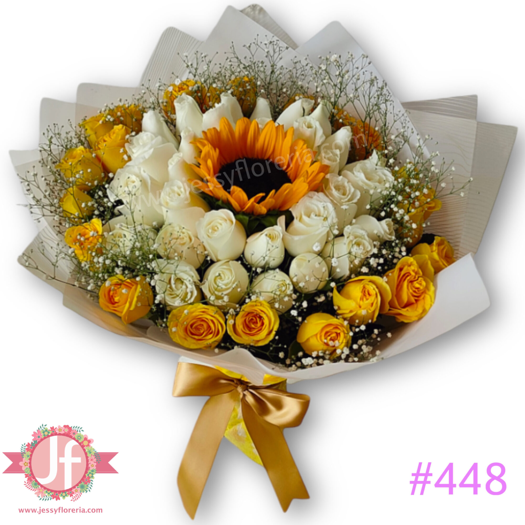 Ramo de 50 rosas blancas y amarillas con 1 girasol
