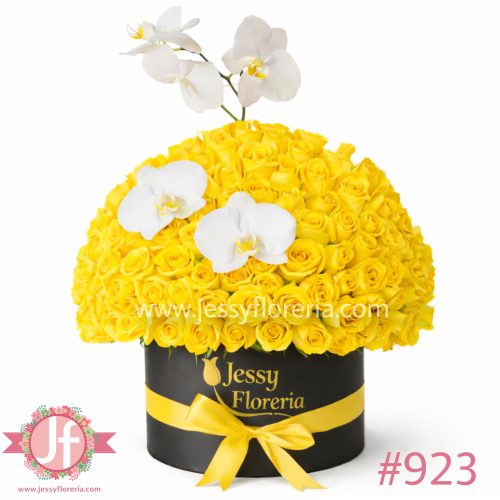 Caja 100 rosas amarillas y vara de orquídeas
