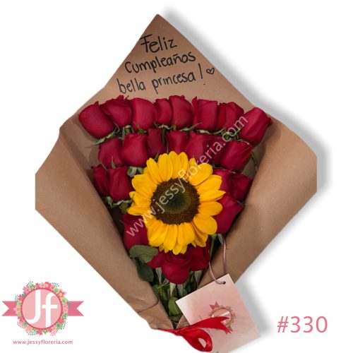 Ramo de 24 rosas y girasol