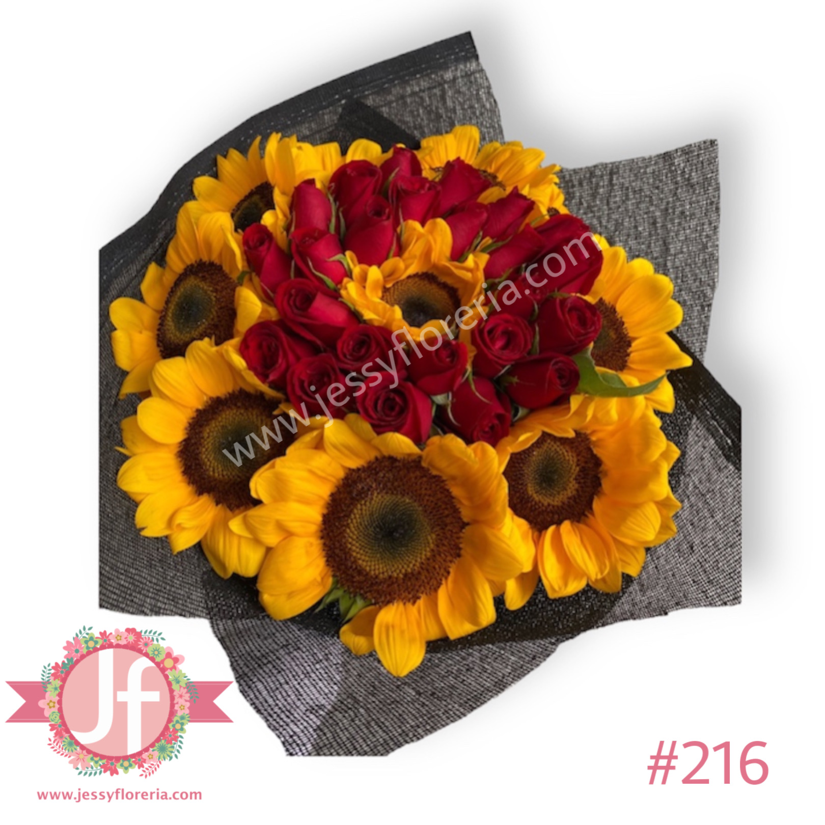 Ramo de 24 rosas y 10 girasoles