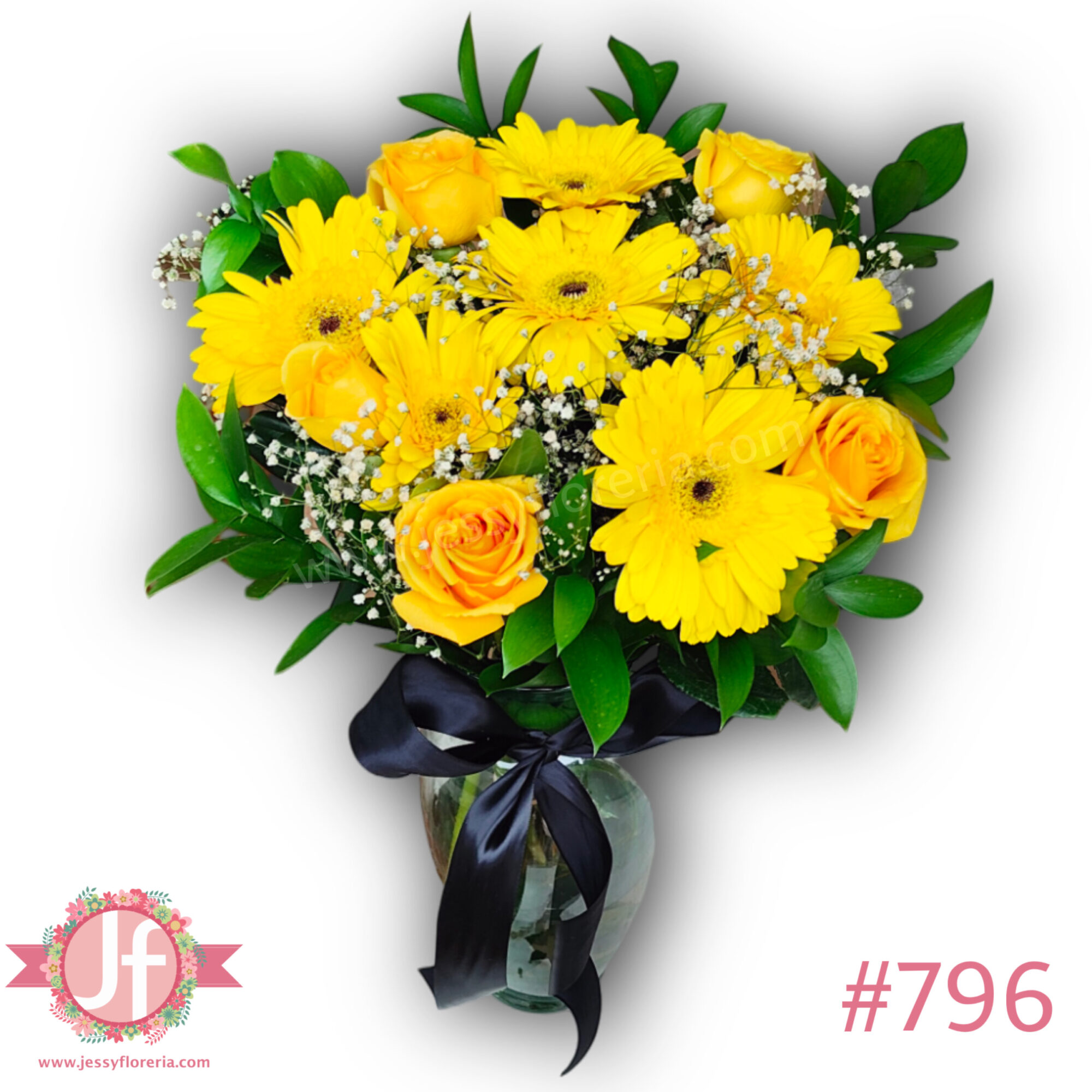 Florero 6 gerberas amarillas, 5 rosas amarillas con follaje