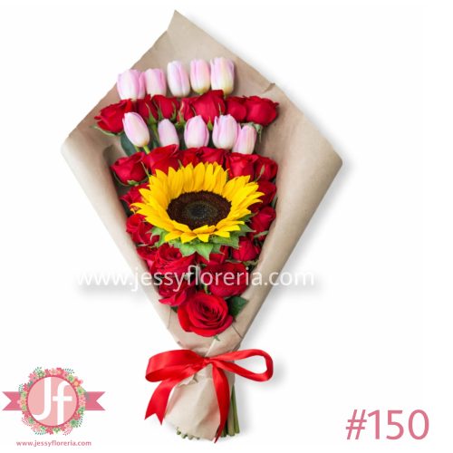 Ramo 24 rosas rojas, 10 tulipanes y girasol - Un día de anticipación