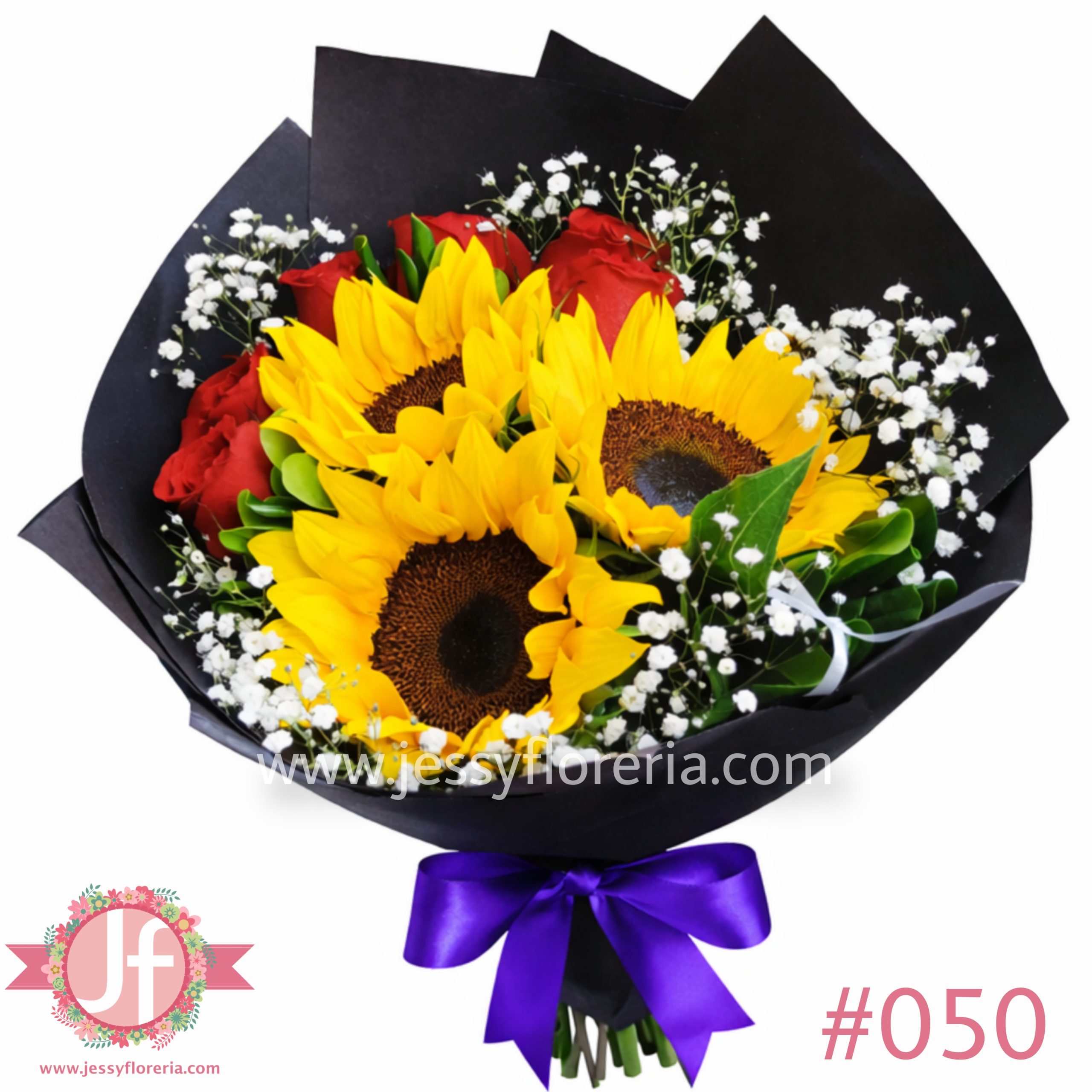 Ramo 3 girasoles y 6 rosas rojas