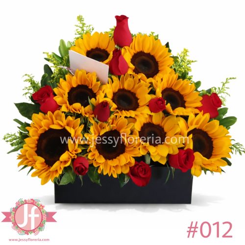 Caja con 9 girasoles y 9 rosas rojas
