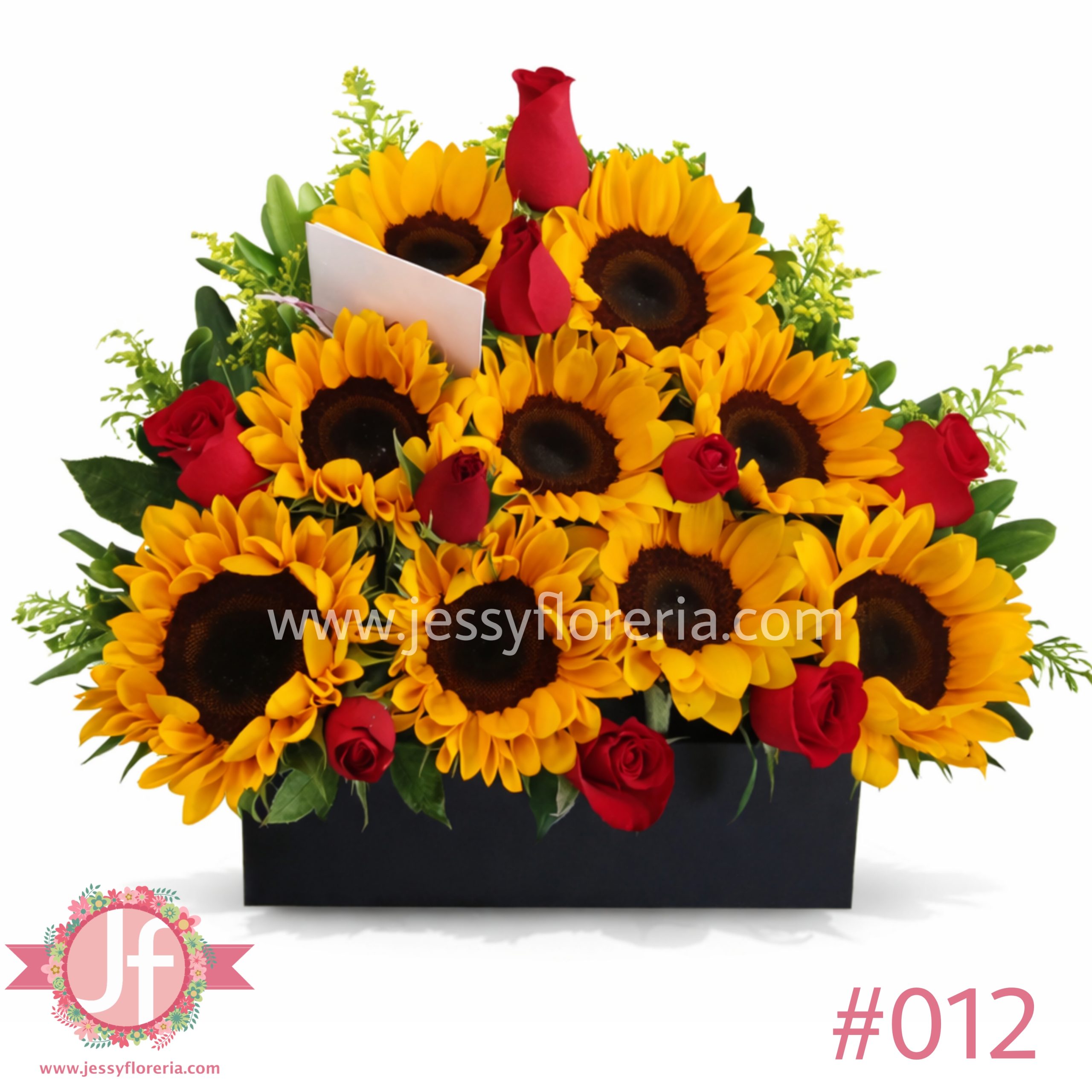 Caja con 9 girasoles y 9 rosas rojas
