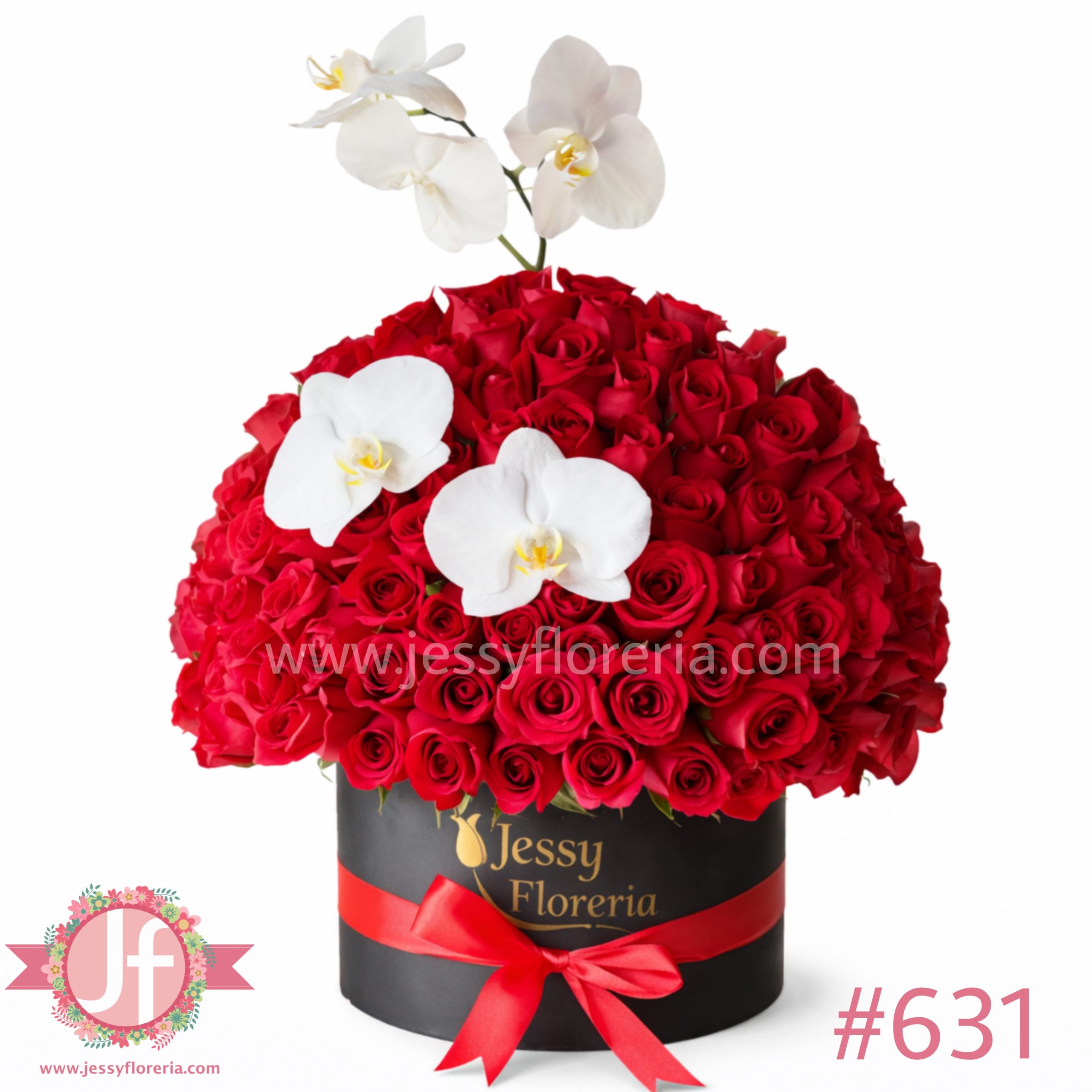 Caja circular con 100 rosas y vara de orquídeas para envío de flores a domicilio en Guadalajara, Zapopan y zona metropolitana.