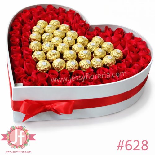 Caja en forma de corazón con 65 rosas y 32 chocolates Ferrero Rocher, un detalle romántico y dulce ideal para enviar a domicilio en Guadalajara.