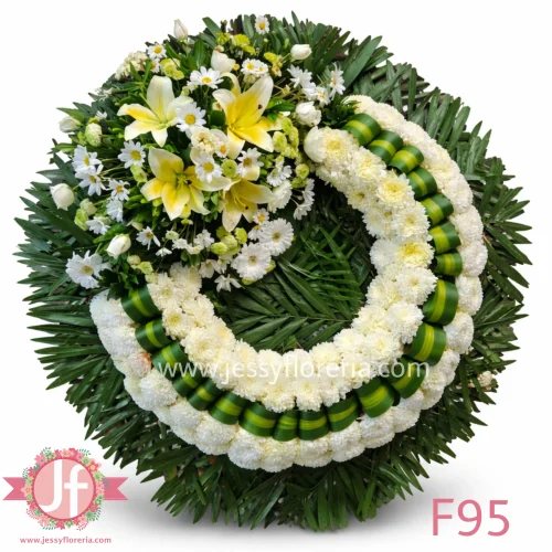 Corona funeraria grande con rosas blancas frescas para envío e instalación en funerales y ceremonias en Guadalajara, Zapopan y zona metropolitana.