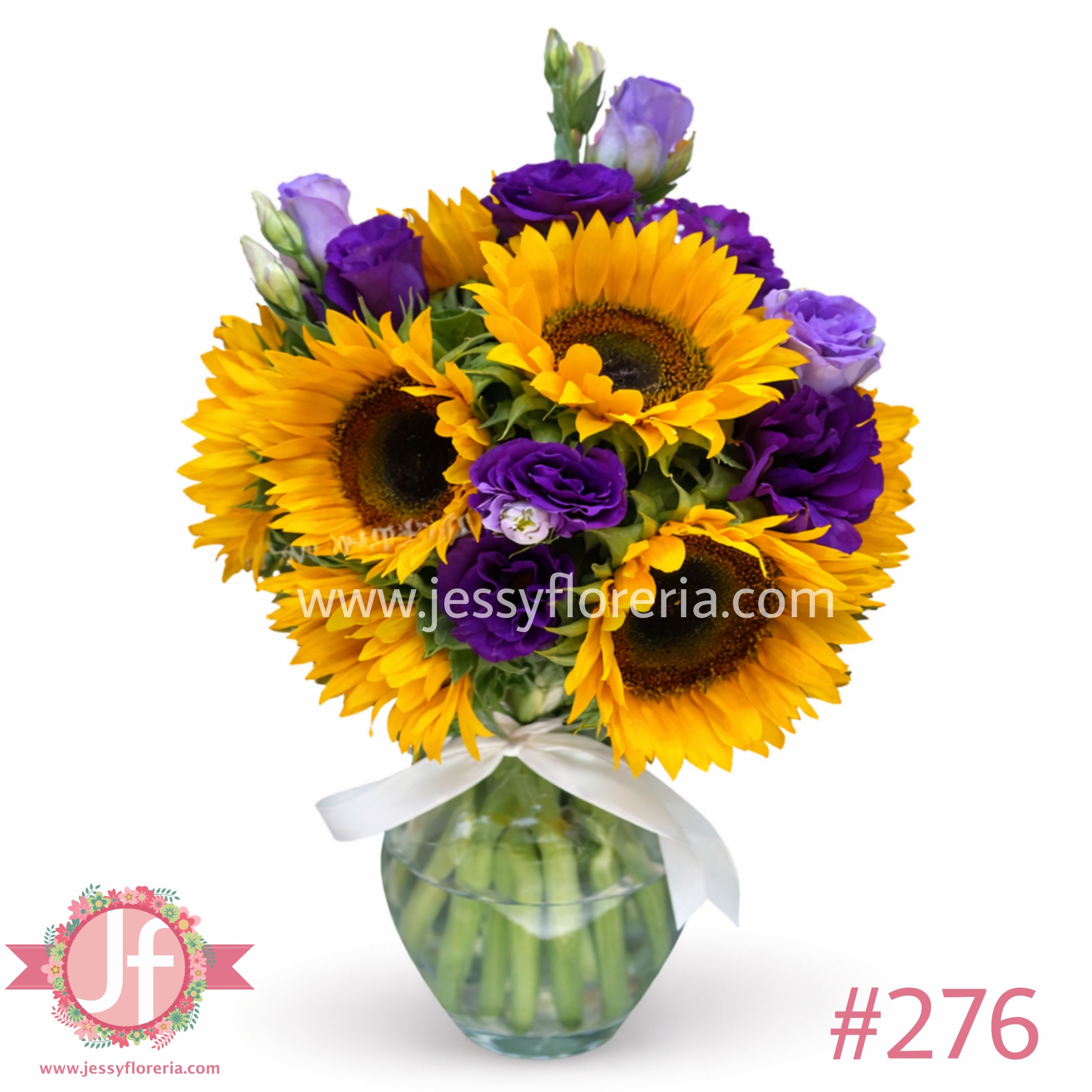 Florero con 10 girasoles frescos y lisianthus morado, un detalle floral elegante y alegre ideal para enviar a domicilio en Guadalajara y zona metropolitana.