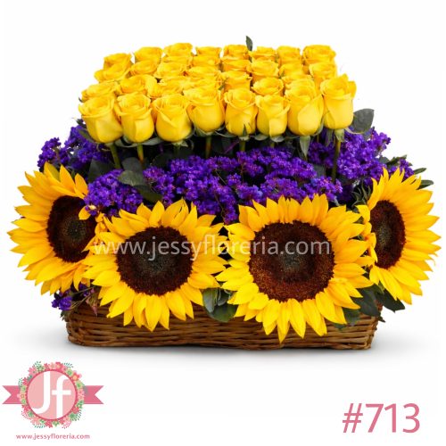 Canasta con 40 rosas amarillas y girasoles frescos para envío de flores a domicilio en Guadalajara.