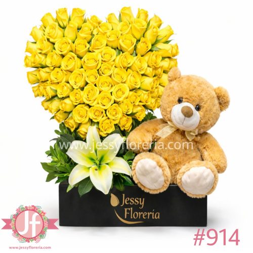 Corazón 100 rosas amarillas y peluche en caja