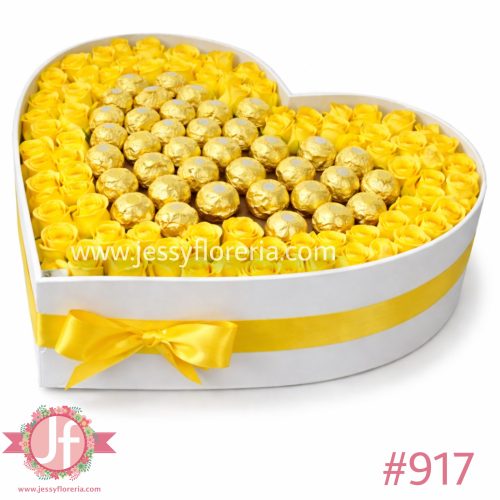Caja corazón 65 rosas amarillas y 32 Ferreros