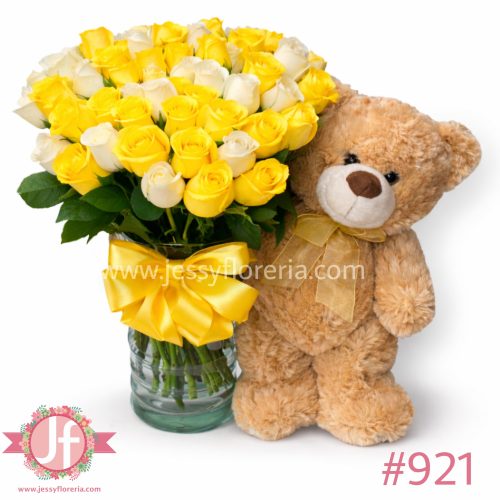 Florero 50 rosas amarillas y blancas con oso de peluche