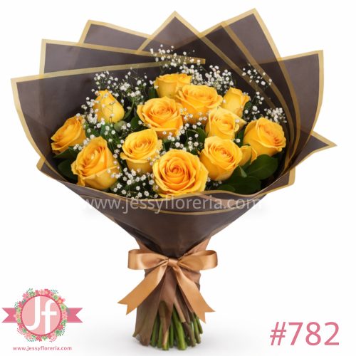 Bouquet 12 rosas amarillas y follajes con papel negro - Pedir con un día de anticipación