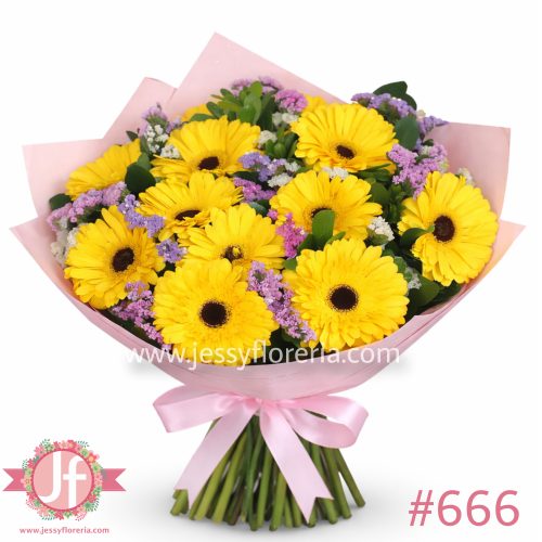 Ramo 12 gerberas amarillas y follajes
