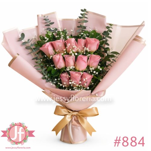 Bouquet 12 rosas rosas y follajes