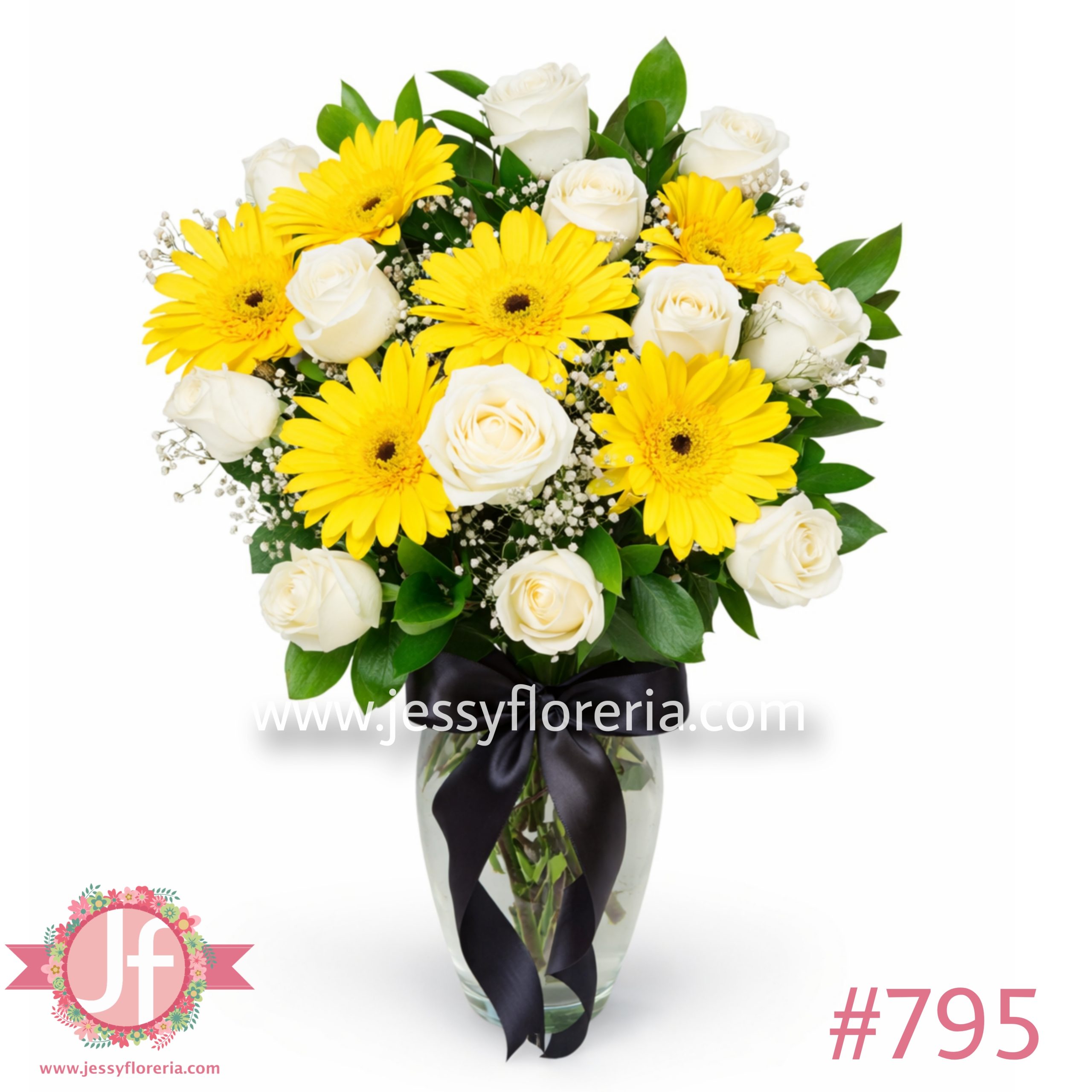Florero 12 rosas blancas y 6 gerberas amarillas