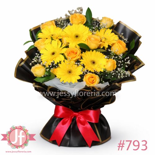 12 rosas amarillas, 6 gerberas amarillas y follajes empapelado