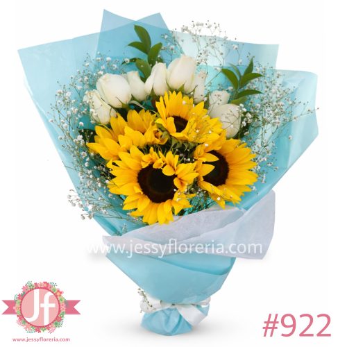Bouquet 8 rosas blancas y 4 girasoles