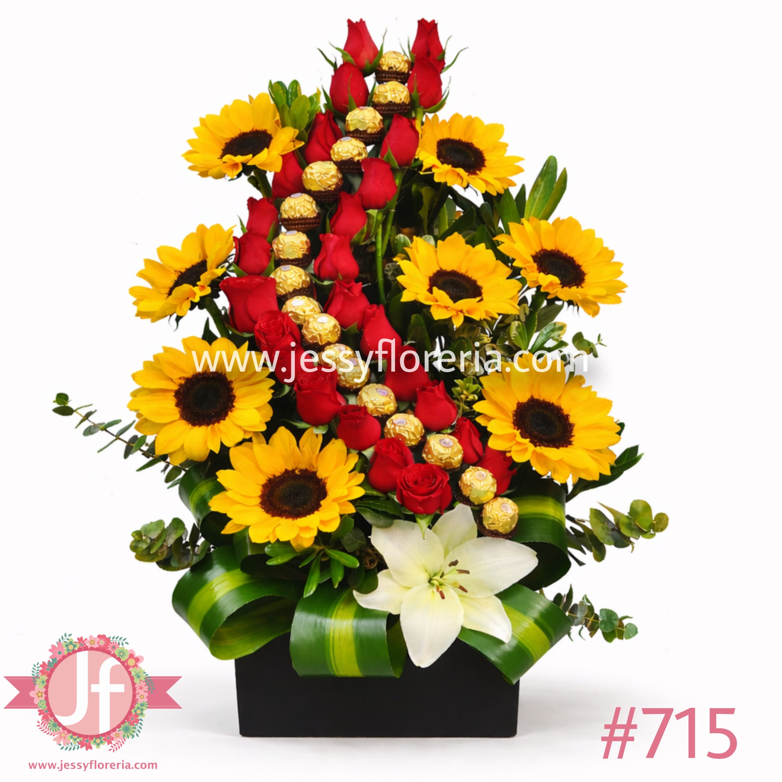 arreglo con rosas rojas girasoles y ferrero regalo floral en Guadalajara